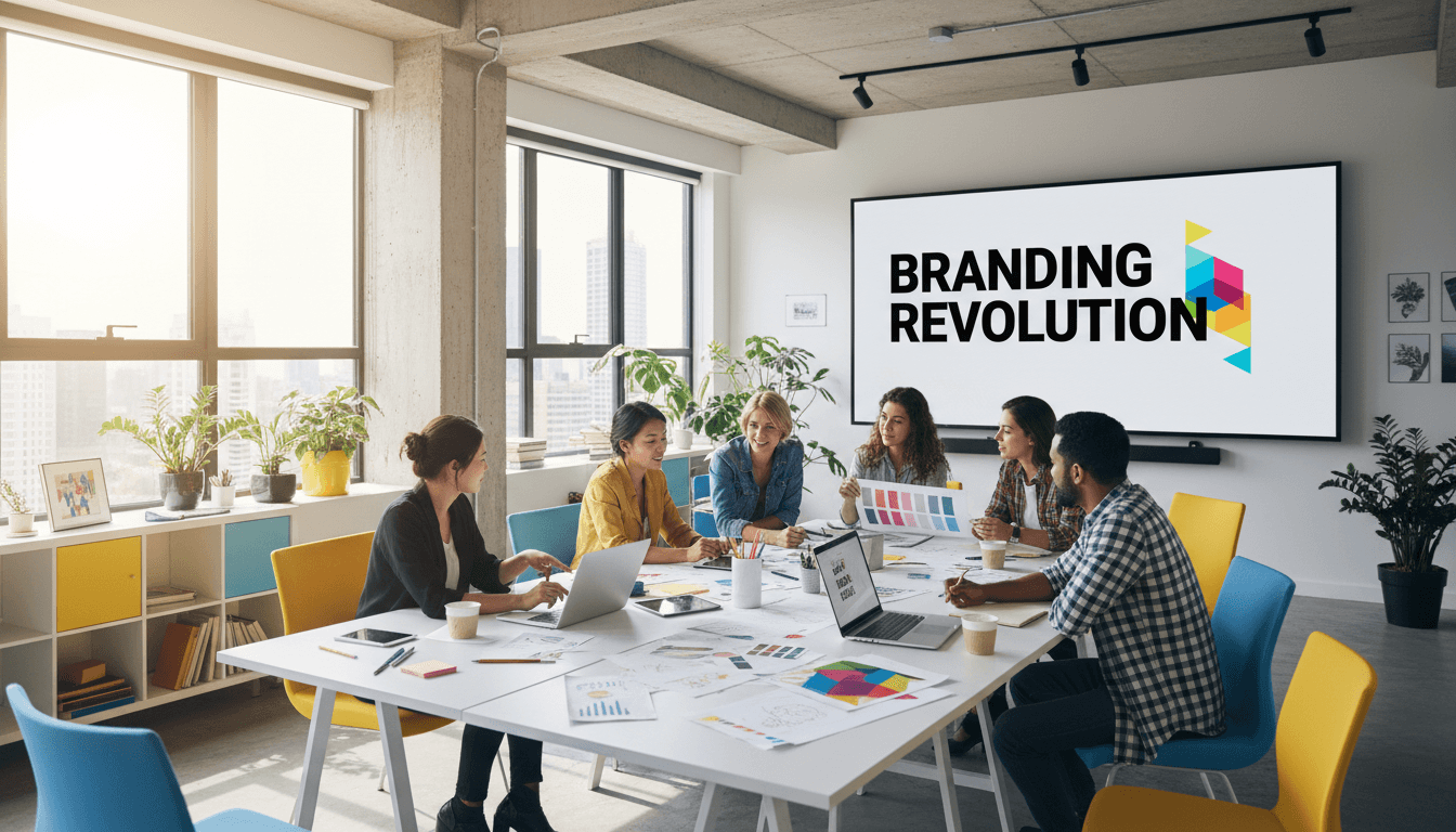 Marketing team reviewing branding materials in a bright modern office